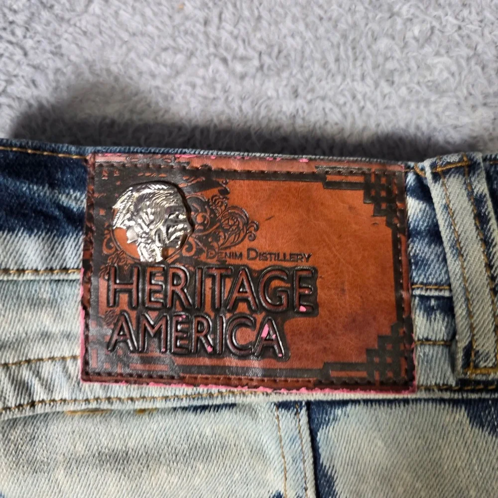 Heritage America Mens 38x34 Slim Jeans Blue Acid Wash Paint Splatter Distressed